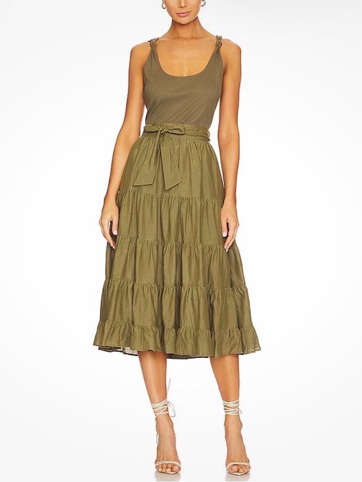 Paige Olive Green Tiered Midi Dress With Waist Tie